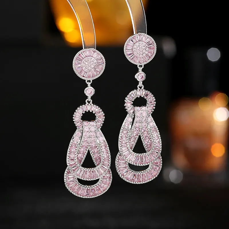 Fashionable Zircon Rope Knot Drop Earrings for Women's Luxury Long Wedding Banquet Jewelry Shiny CZ Dangle Ear Rings Ornament