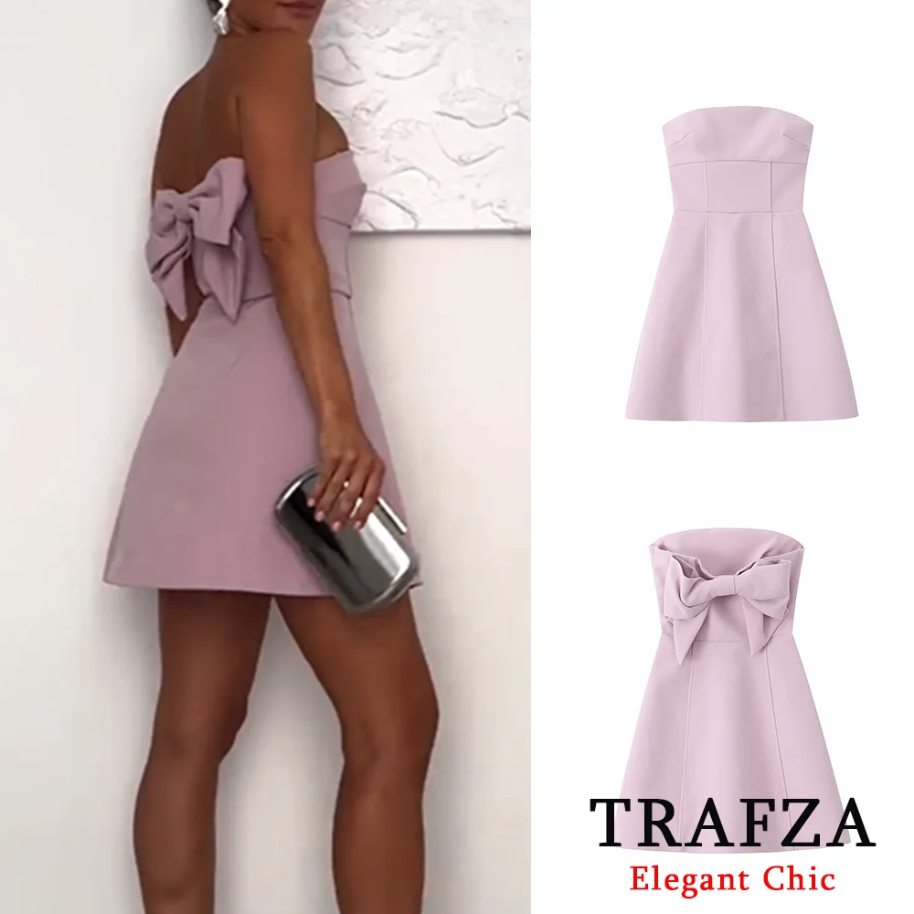 TRAFZA Sweet Sexy Pink Wrap Mini Dress Women's Bow Short Blackless Dress New 2024 Summer Vacation NightClub Party Mini Dress