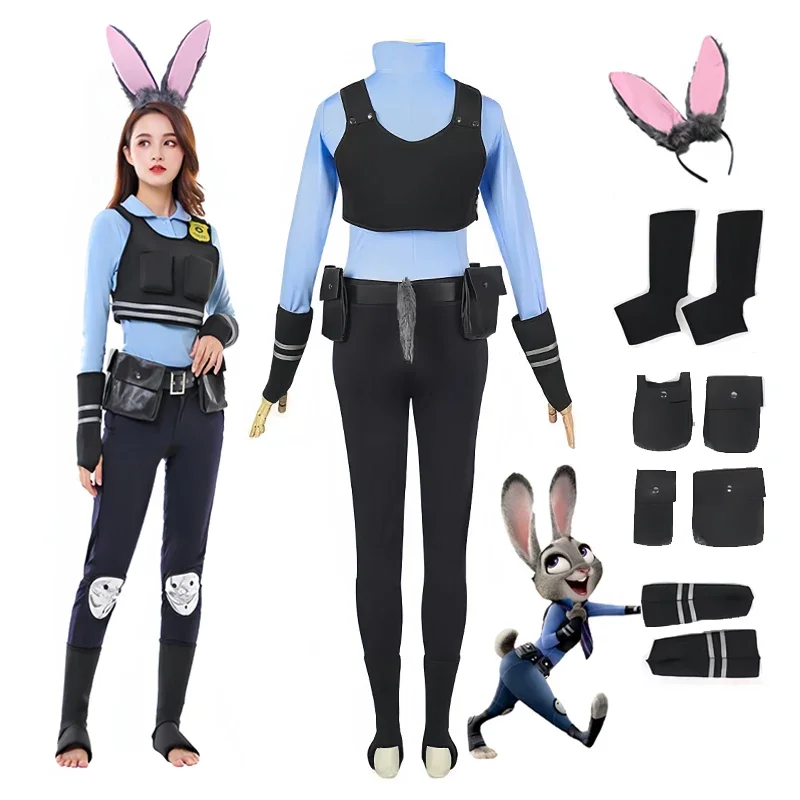 Zootopia Judy królik kostium cosplayowy Anime Nick Fox Woody Cartoon Cosplay królik Judy policjant Halloween karnawał garnitur