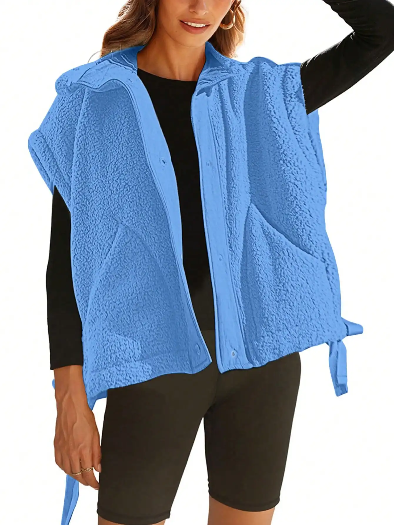 

Женский утепленный жилет оверсайз из флиса с капюшоном и карманами, повседневная зимняя куртка на пуговицах