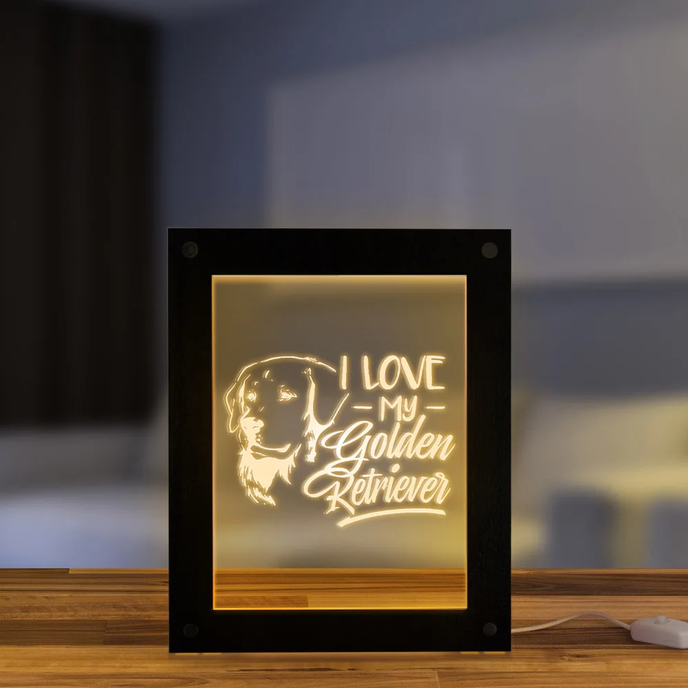 I Love My Golden Retriever Puppy Dog Pet Love Quote LED Lighting Text Photo Frame Wooden LED Night Light Display Picture Frame