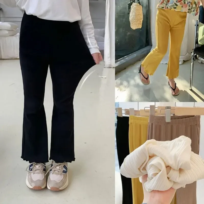 Children Summer Solid Color Thin Ribbed Knit Flared Pants Girls Casual Trousers Korea Fashion Pants Girl Princess Style Capris