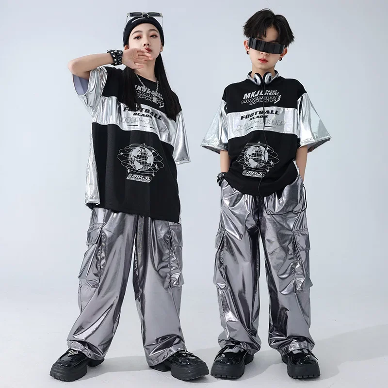 Jungen Hip Hop Patchwork T-shirt Silber Street Dance Cargo Hosen Mädchen Pailletten Streetwear Kinder Jazz Kleidung Kinder Bühne Kostüm