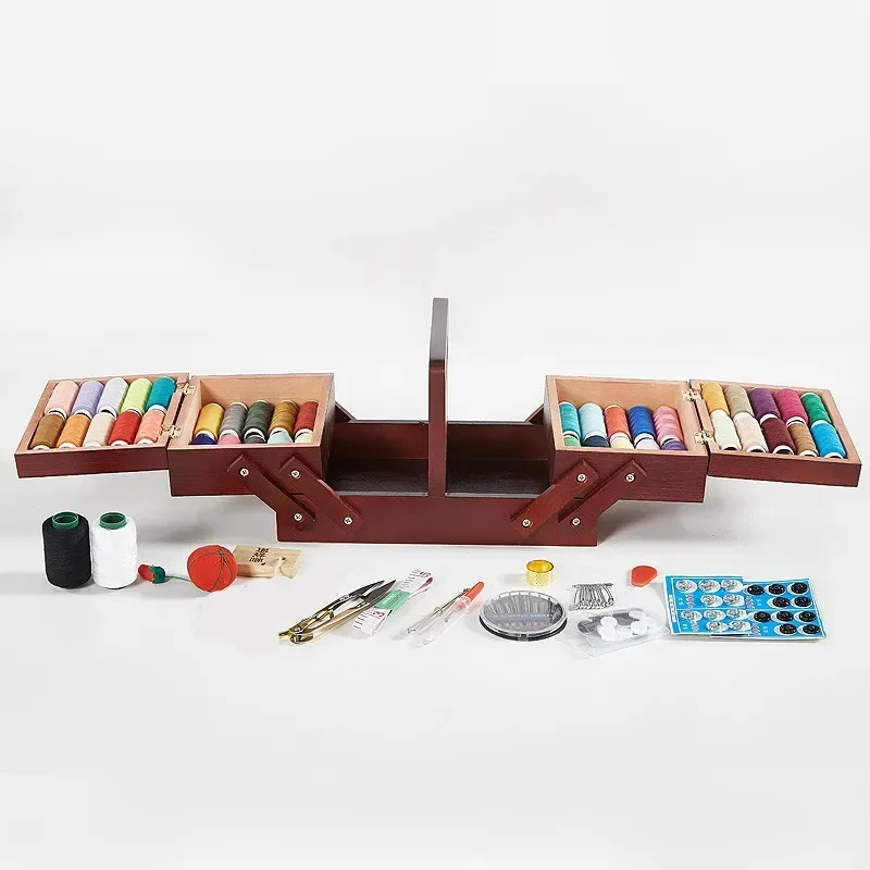 Storage Wood Box Sewing Kit Needle Tape Scissor Multifunction Threads Sewing Tools Accessory Sewing Kits For Home&Travelling