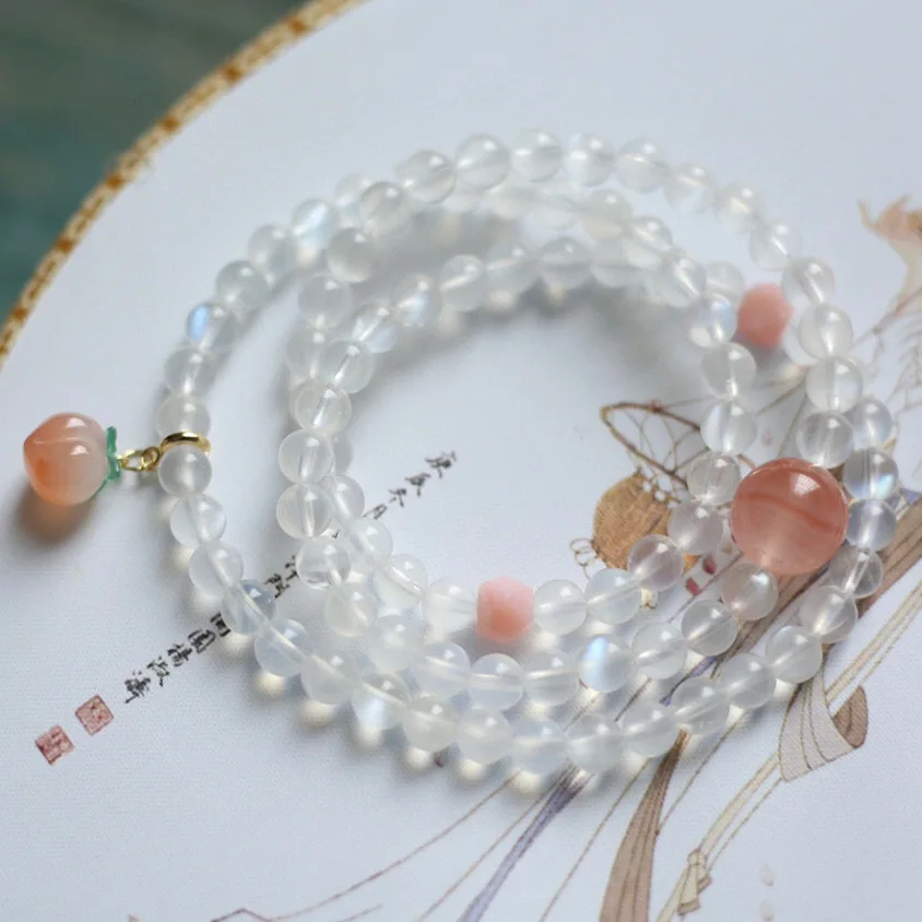 

Браслет из натурального кремового лунного кристалла с несколькими кругами и южным красным агатом, ледяной красный верхний браслет из бисера, розовый милый персиковый браслет с подвеской