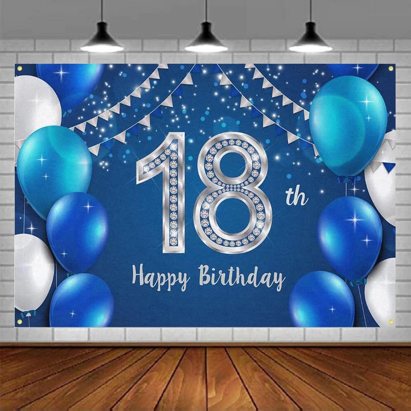 Photography Backdrop Happy 18 Years Old 18th Birthday Decorations Party Background Banner Supplies For Girls Boys - Blue Silver