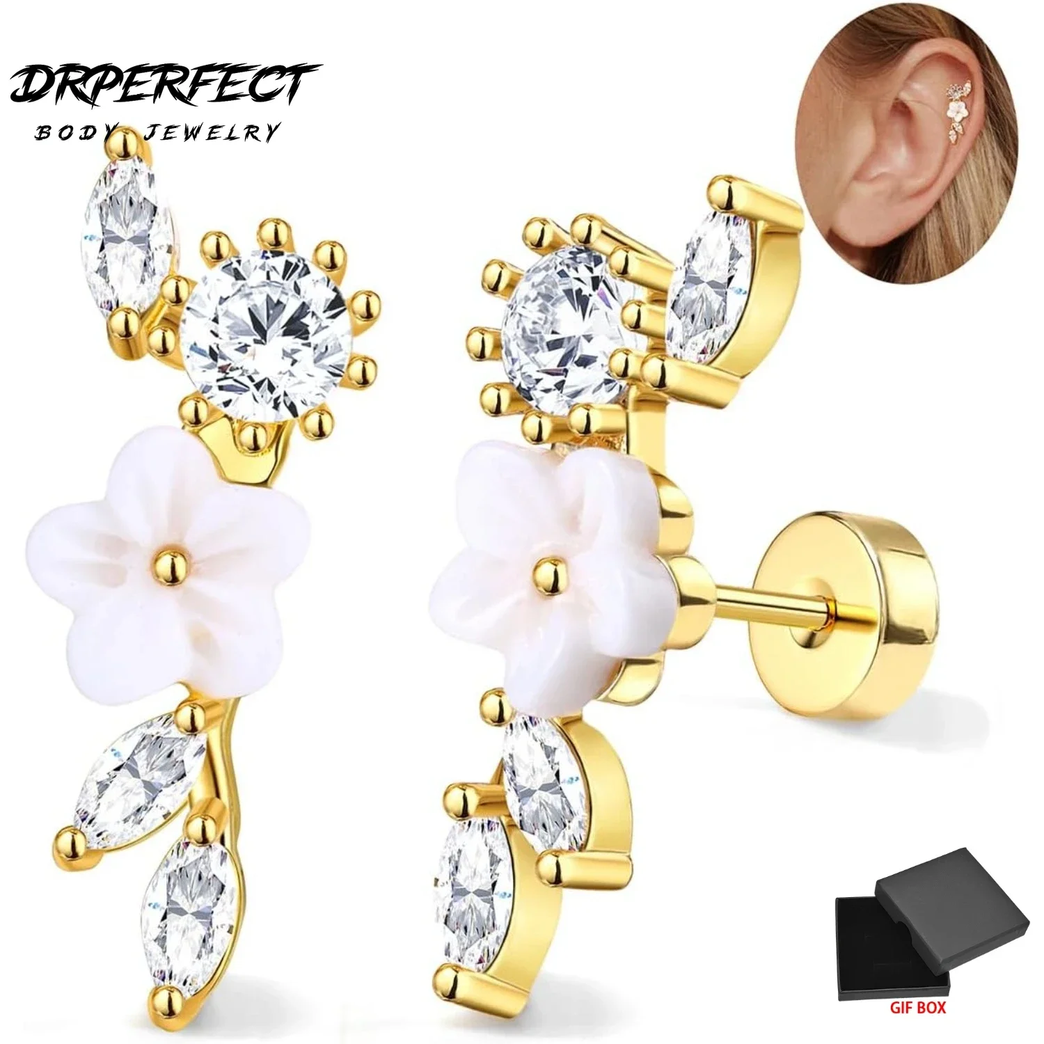 

Drperfect 1 pair Helix Cartilage Flower Stainless Steel Earrings for Women 16G Flat Back Earrings Stud Conch Piercing Jewelry