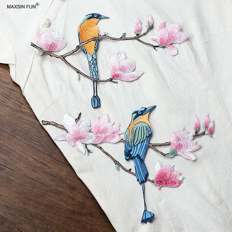 1 Piece 24*18cm Iron on Patch Embroidered Bird Flowering Branch Stickers for Clothing Bag DIY Decoration Accessories Applique