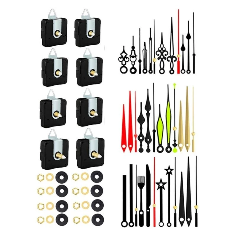 2025 New 8Pcs Quiet Quartzs Clock Movement Mechanism with 12 Different Hands Set for Crafting Wall Clock Shaft Length 13/18/24mm