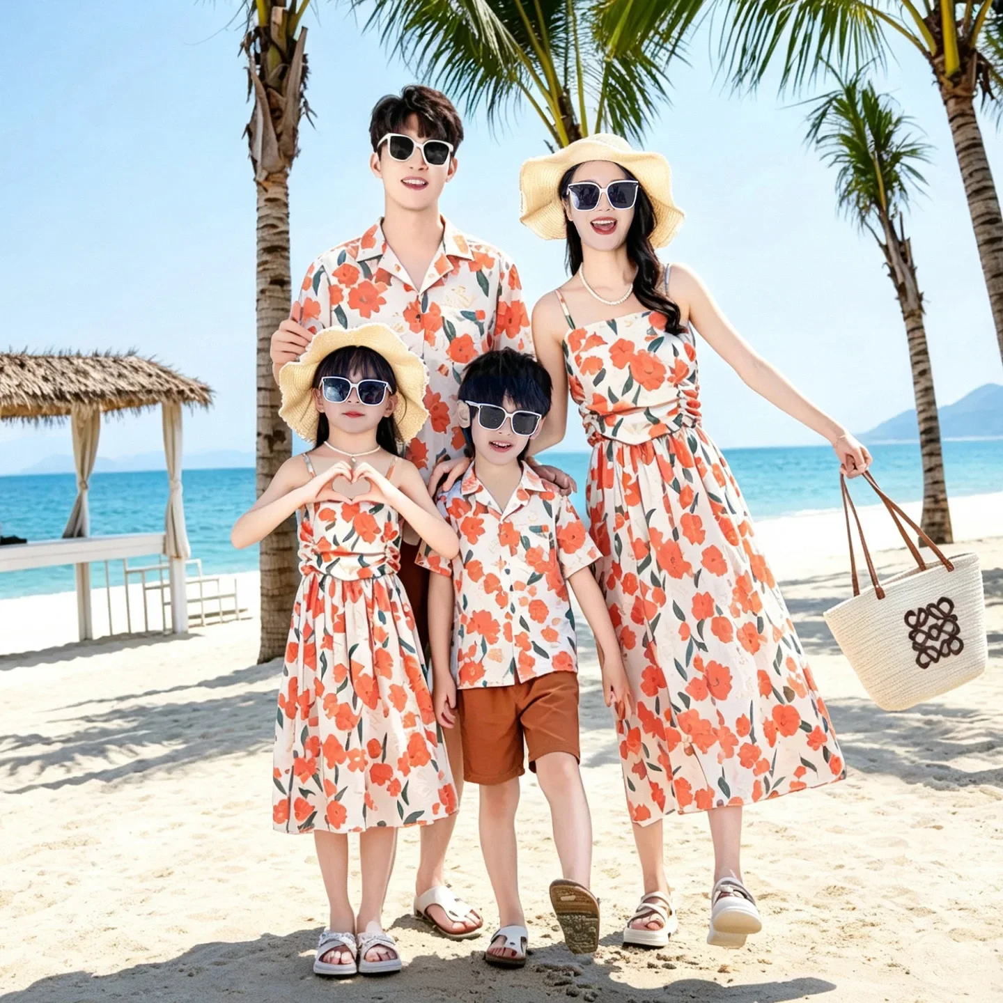 Vacation Family Matching Outfit Dad Son Floral Shirt Shorts Mom Daughter Strap Dress Couple Beach Resort Parent Child Clothes
