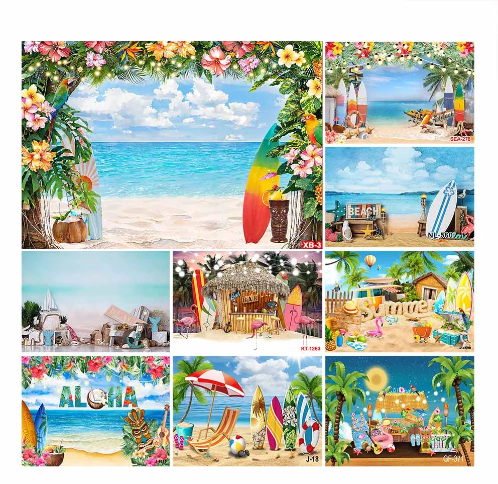 

Summer Hawaiian Beach Photography Backdrop Tropical Flower Palm Leaves Surfboard Background Aloha Luau Decorations Photo Banner