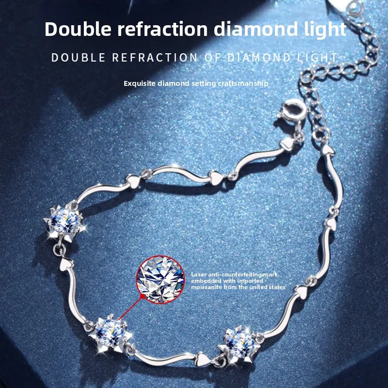 S925 الفضة الروديوم مطلي السداسية ندفة الثلج D اللون مويسانيتي سوار للنساء ، GRA معتمد غرامة مجوهرات هدية