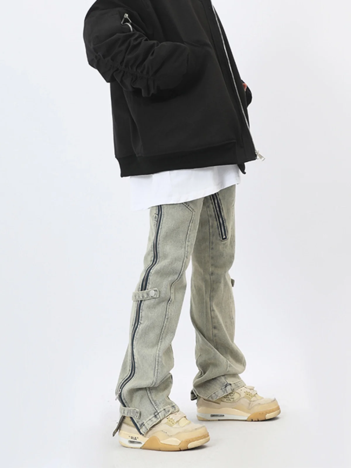 

Waed Vintage Youth Jeans Men's Straight Leg Hip Hop Long Trousers Dstring Zipper Casual Wear Resistant Jeans