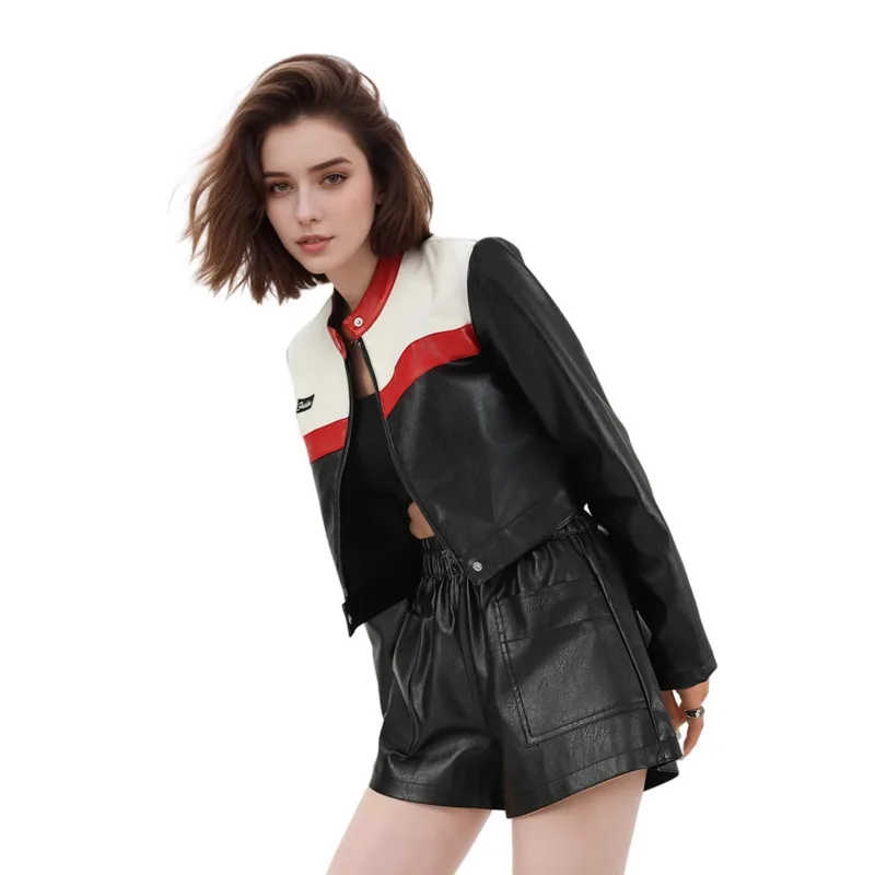 Eeonovni streetwear motocicleta jaqueta curta feminina de couro moda contraste cor gola manga longa casaco 2026 primavera novo
