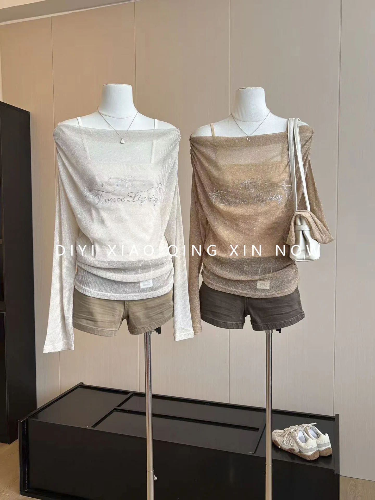 Slim Fit Long Sleeve T-Shirt Women's Fashion Set Diamond Glitter Thin Micro Translucent Shirt Two Piece Set Autumn New Style