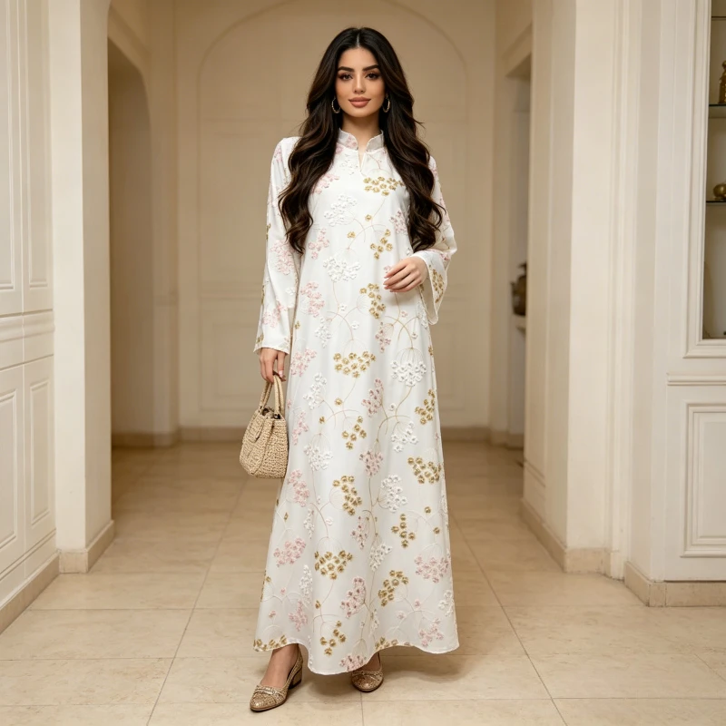 

Eid Dress Women Embroidery Abaya Muslim V Neck Flower Kaftan Ramadan Party Dresses Vestidos Morocco Dubai Jalabiya Arab Robe