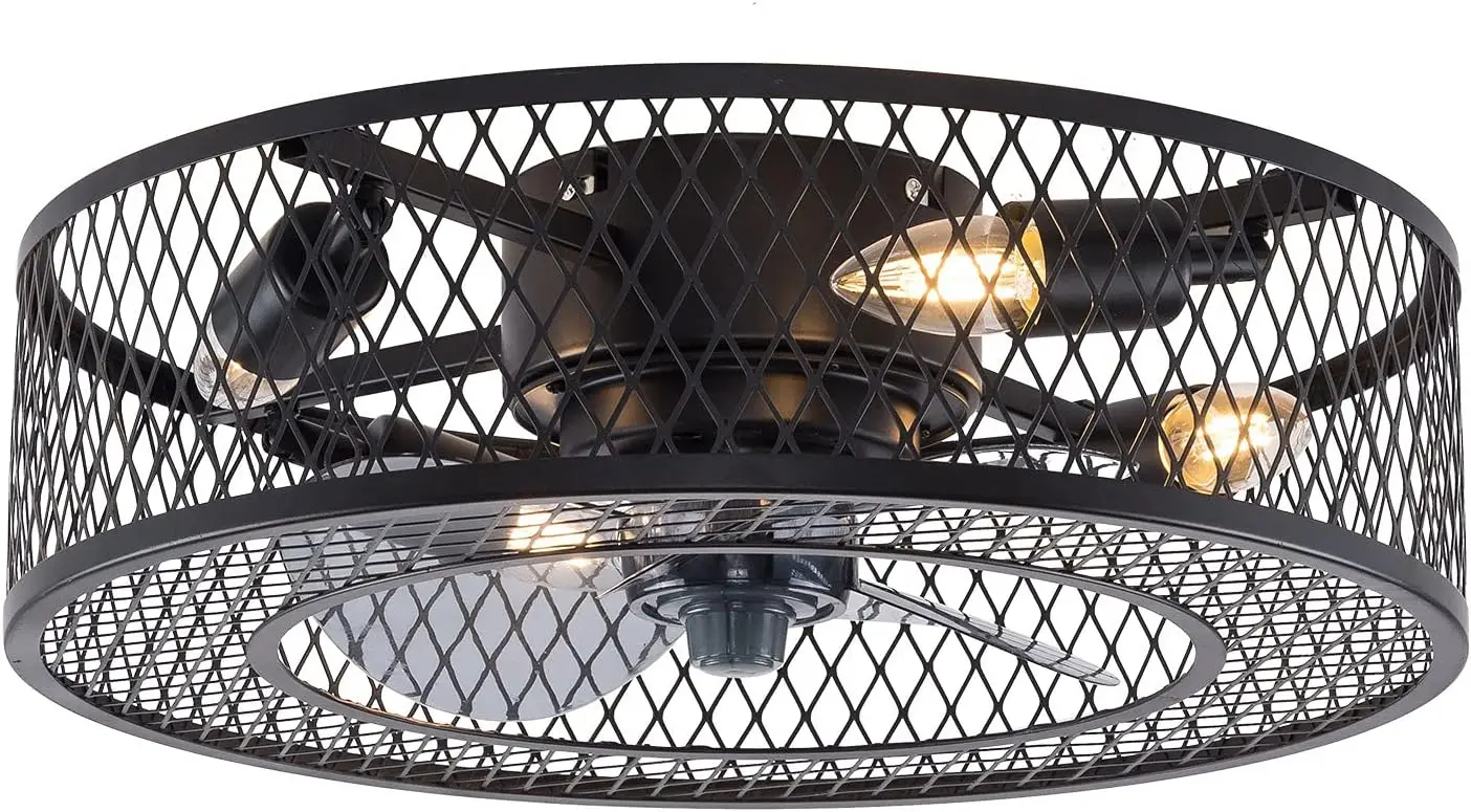

18'' Low Profile Caged Ceiling Fan With Lights Remote Control, Enclosed Ceiling Fan Indoor, Flush Mount Ceiling Fan