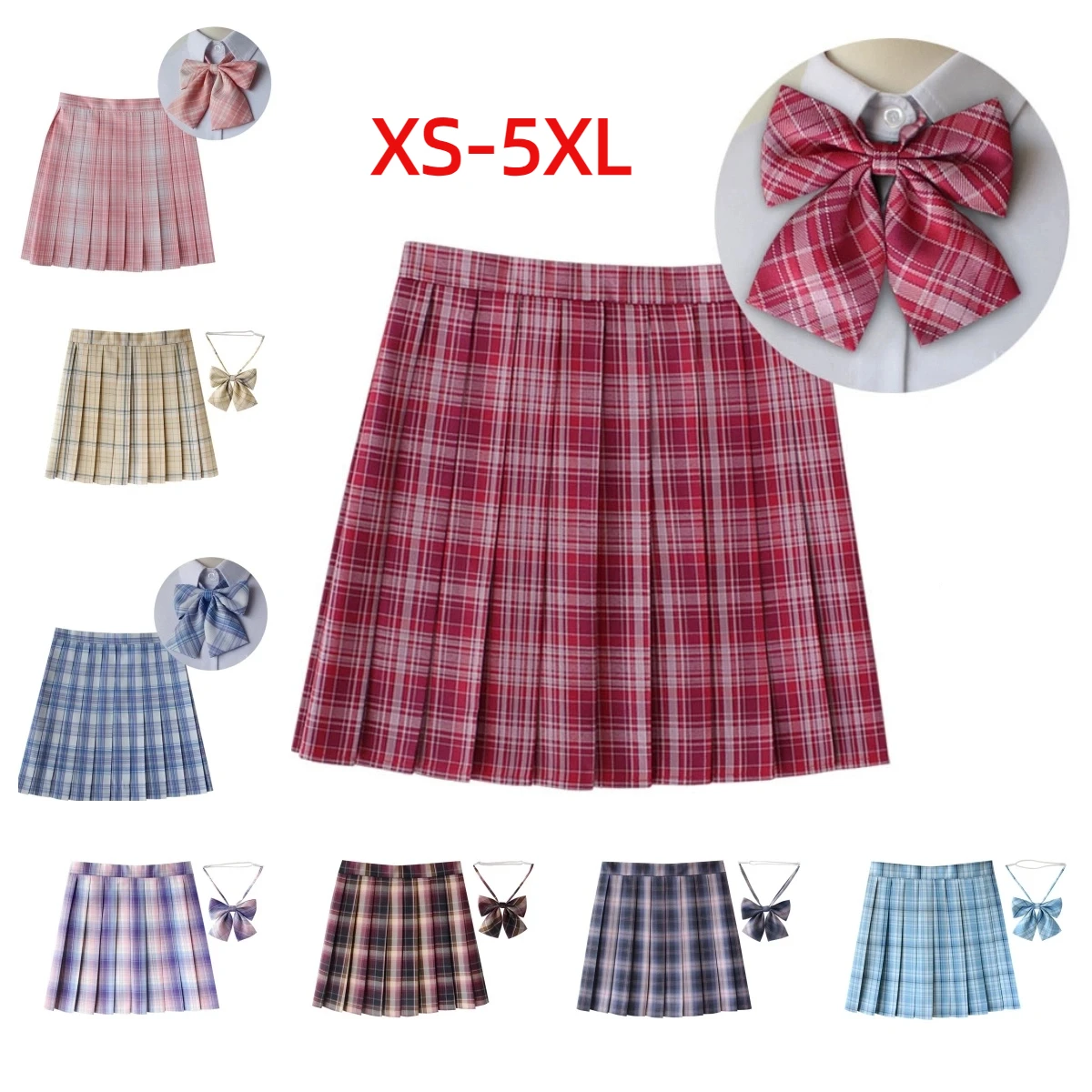 

XS-5XL Women Plaid Pleat Skirt With Necktie Bowtie Harajuku Preppy Mini Japanese School Uniforms Girls Summer Jupe Kawaii Skirt