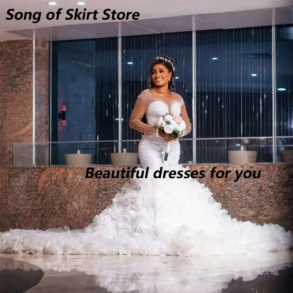 

Luxury Beading Pearls Wedding Dress Customized Scoop Neck Illusion Long Sleeves Arabic Bridal Gowns with Tires Ruffles Removable