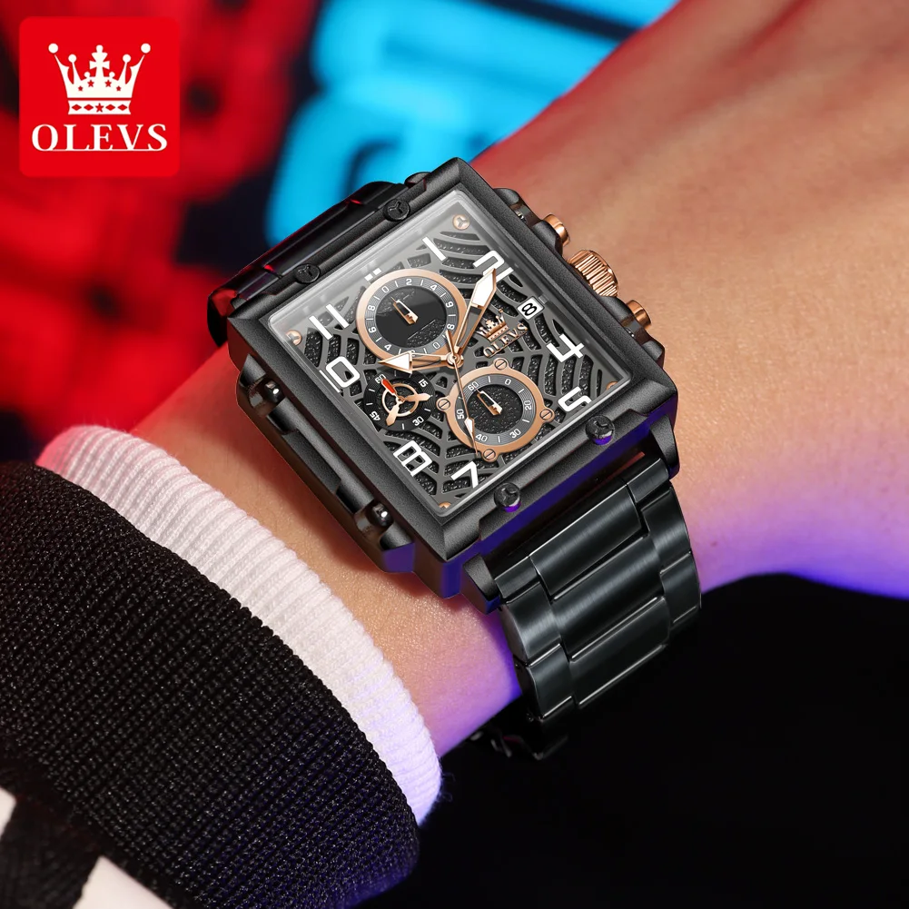 OLEVS الرياضة نمط كرونوغراف رجل ساعة اليد مربع مقاوم للماء مضيئة كوارتز ساعات رجالية الصلب الأسود Relogio Masculino