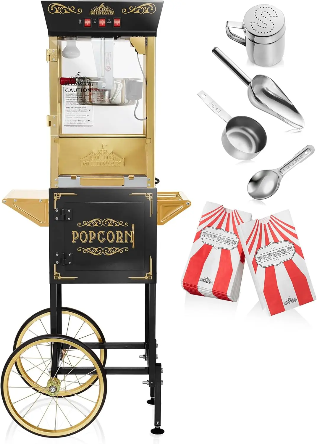 Midway Movie Theater-Style Popcorn Machine Maker with Cart and 8-Ounce Kettle - Black, Vintage-Style Popper on Wheels