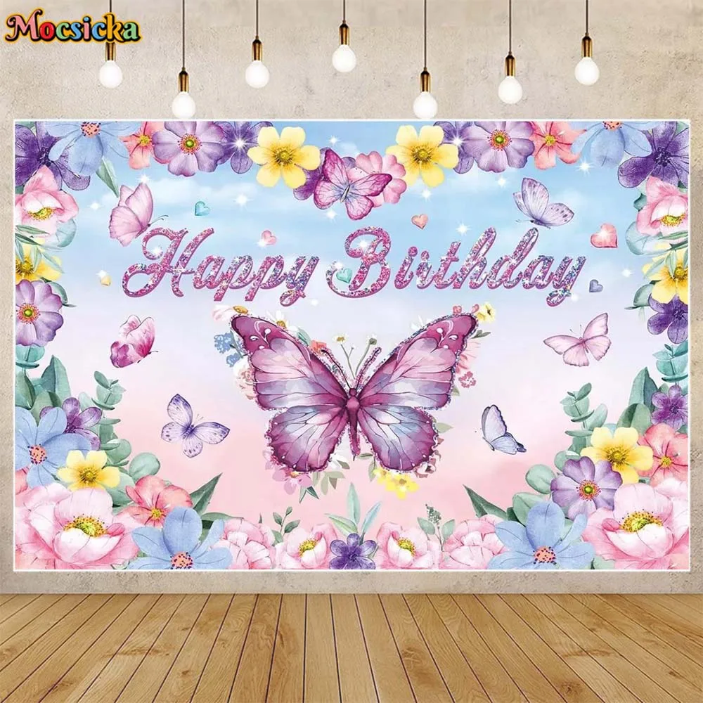 

Mocsicka Butterfly Theme Birthday Background Purple Butterfly Colorful Flowers Girl Princess Birthday Party Decor Backdrop Props