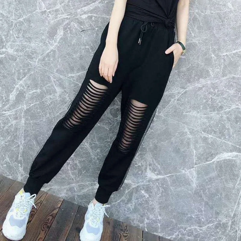 Home Women\'s Summer Sweat Sports Pants Fashion Casual Ice Silk Sweatpants Black Ripped Harem Sarouel Female Cropped Trousers Hot