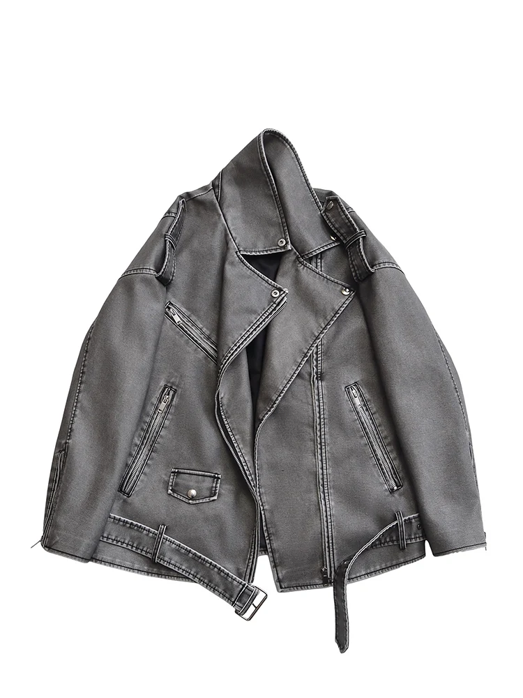 Ailegogo Women Vintage Loose Belt Zipper Pu Faux Leather Jacket Spring Autumn Female Retro Moto Biker Coat Outwear