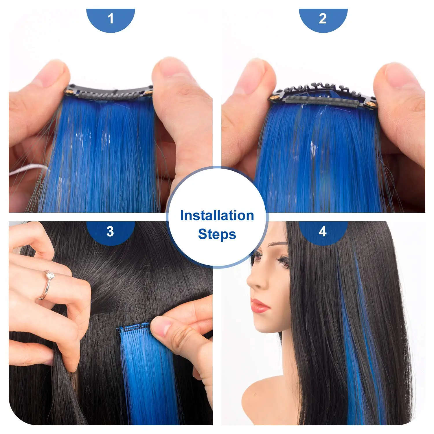 12 Stück blaugrüne blaue Haarverlängerungen zum Anklipsen, farbige Party-Highlights-Verlängerung für Kinder und Mädchen, synthetisches Haarteil, gerade, 55,9 cm – Detail 7