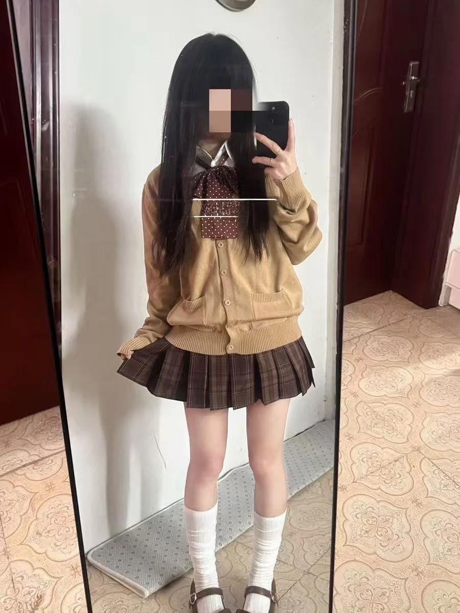 

Осень-зима карамельный кардиган Hymn, свитер, комплект, женская модная клетчатая юбка, многослойный трикотаж верблюжьего цвета, комплект...