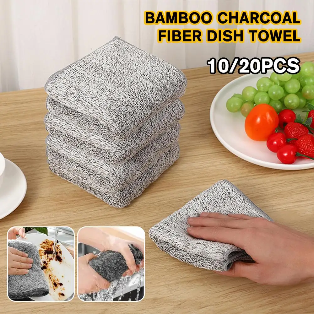 10/20pcs Bamboo Charcoal Fiber Cleaning Cloth Rags Water Absorption Non-Stick Oil Washing Kitchen Towel Household Cleaning Tools