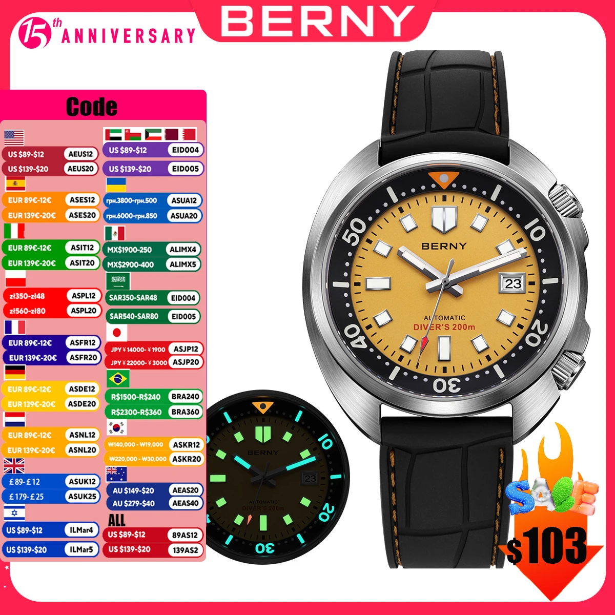 BERNY Automatic Diver Watch for Men Super Luminous Wristwatch Sapphire Sport Mechanical 20ATM 1970 Compressor Diving Men Watches