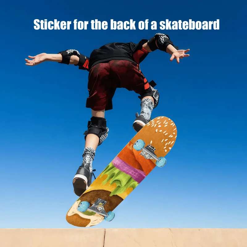 

Плоская 2D-наклейка на заднюю панель скейтборда с принтом в стиле "веселый бургер" размером 9 × 33 дюйма, изготовленная из самоклеящегося ПВХ-материала, подходит для использования.