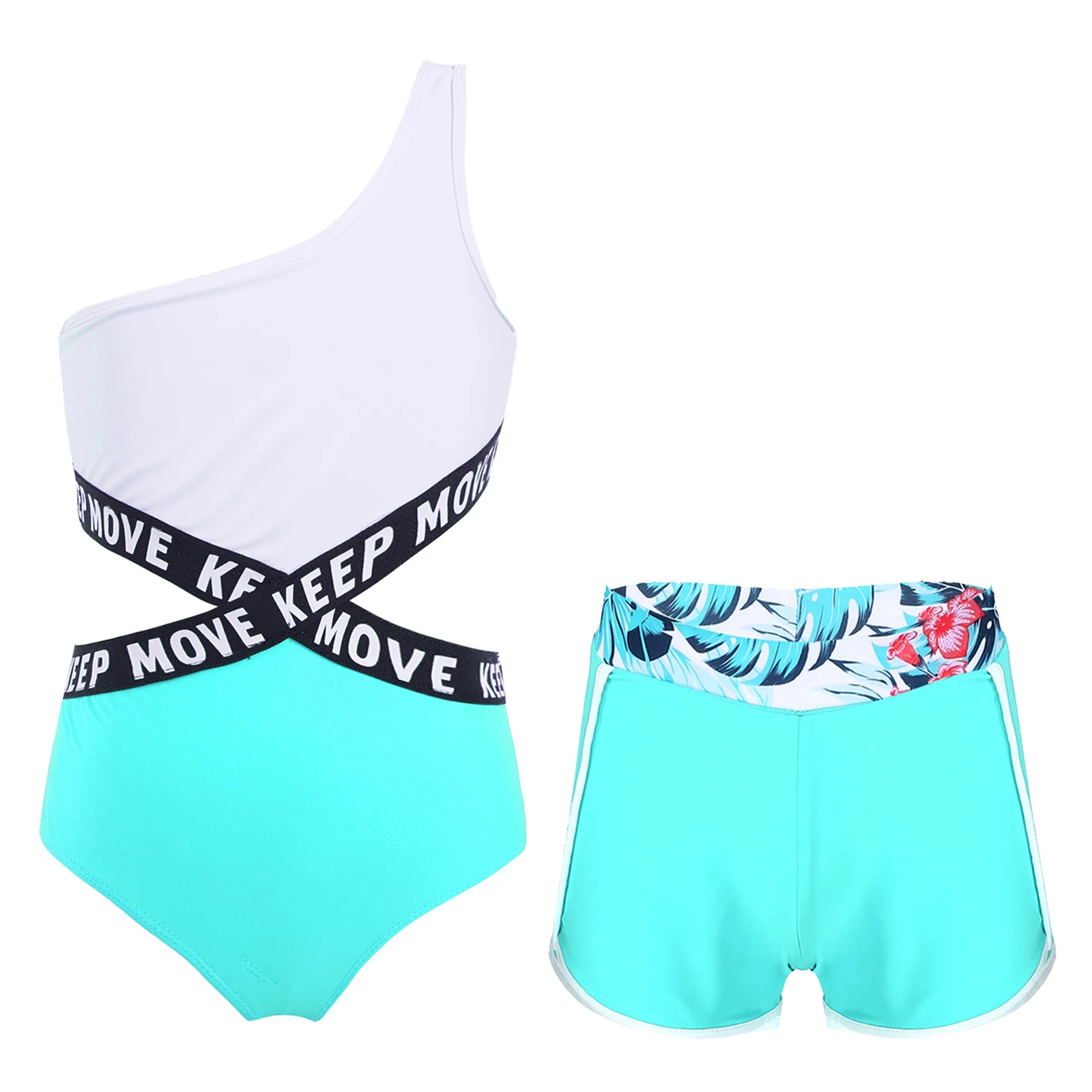 

Kids Girls 2Pcs Swimsuit One Shoulder Print Monokini Swimwear with Shorts Children Swimming Bathing Suit Rash Guard Beachwear