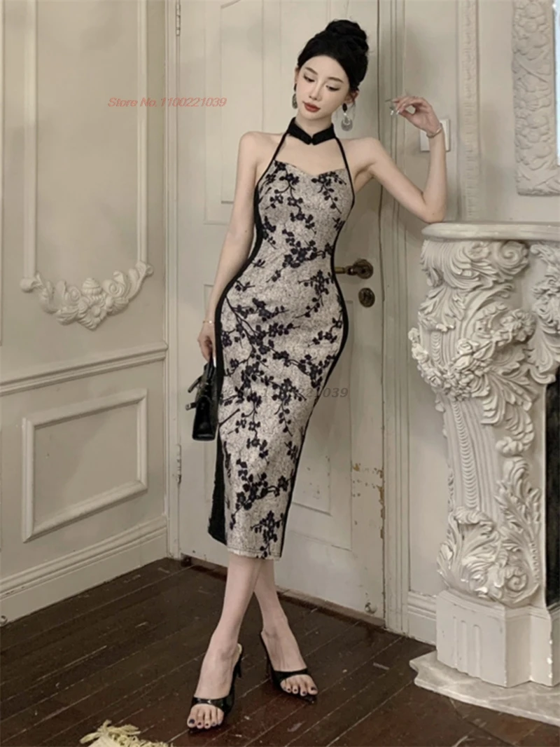 2025, chinesisches sexy Qipao, Vintage-Partykleid, Blumendruck, verbessertes Cheongsam, Nachtclub, Verbandkleid, figurbetontes Damen-Abendkleid