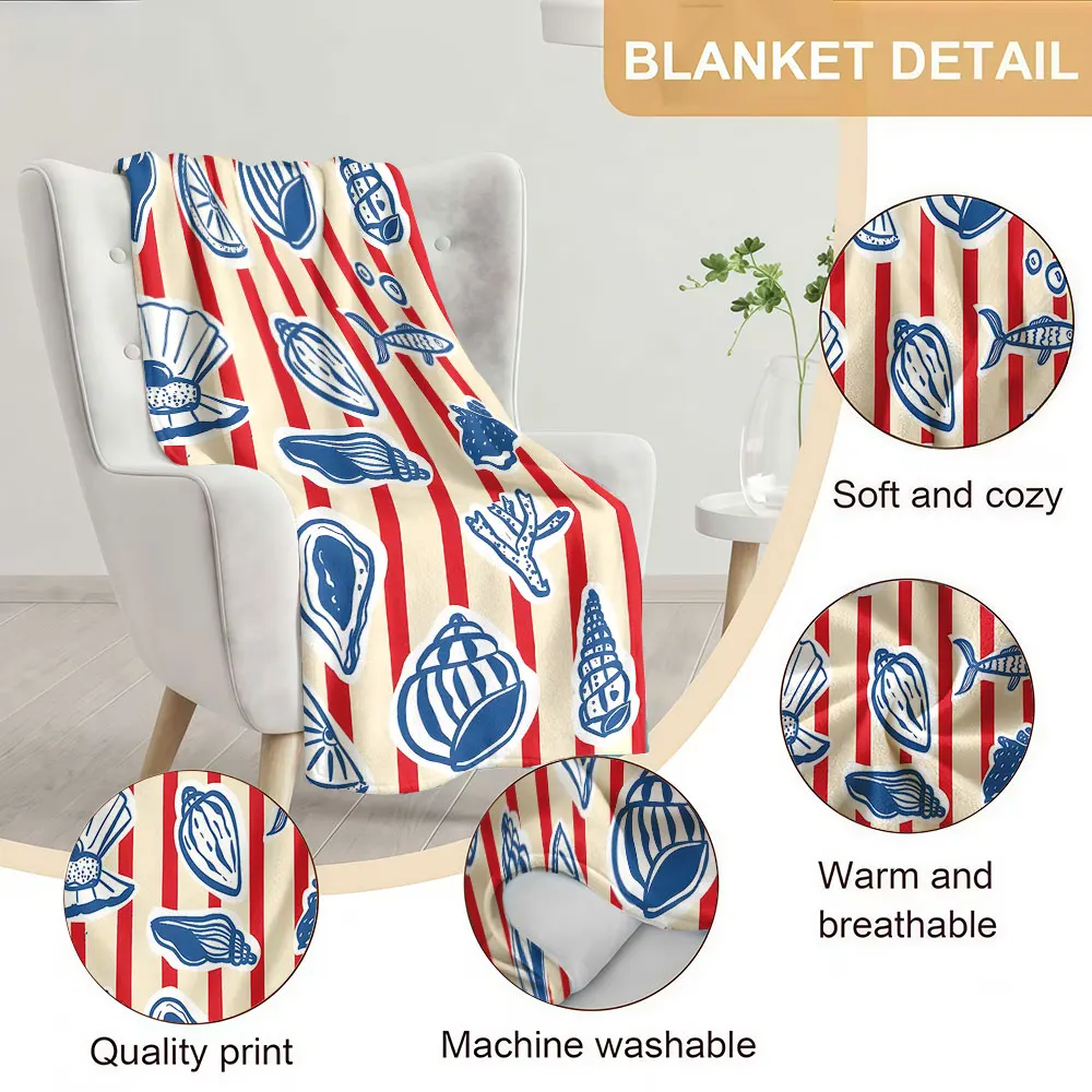 Coastal Shell Sticker Soft Warm Flannel Blanket Lightweight Cozy Christmas Halloween Home Decor Room