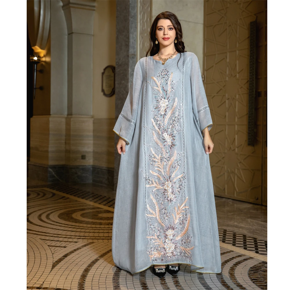 

Dubai Floral Embroidery Sequin Beading Long Dress Eid Ramadan Kaftan Abaya Arab Turkey Muslim Dresses Morocco Jalabiya Vestido