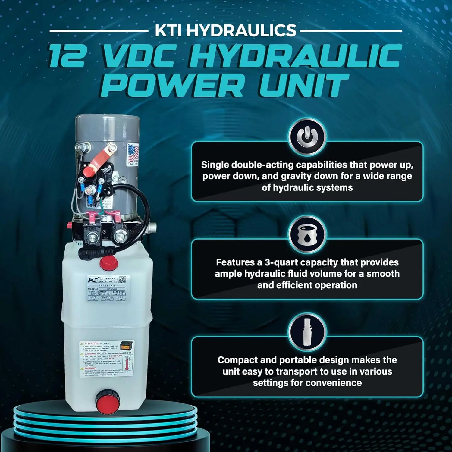 12VDA6Q Compact 12 VDC Hydraulic Power Unit with Single Double Acting and 6 Quart Capacity for Smooth Operation