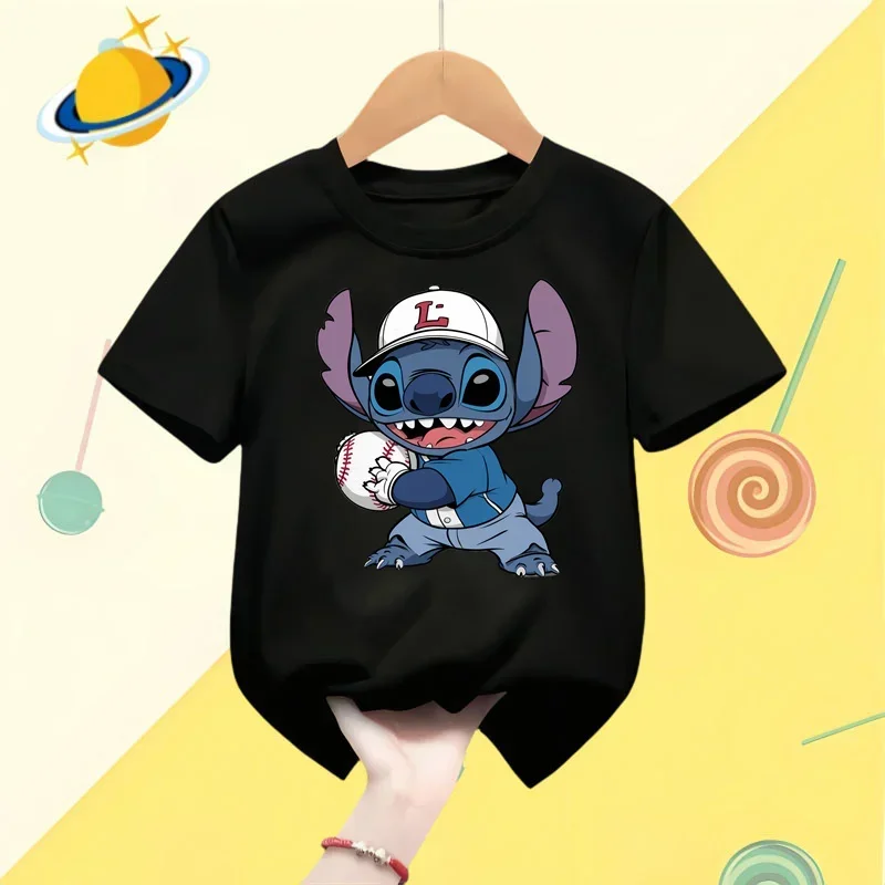 2024 Disney Stitch Kids T-shirt Lively sports boys girls round neck short sleeve street fashion casual shirt Kawaii clothing top