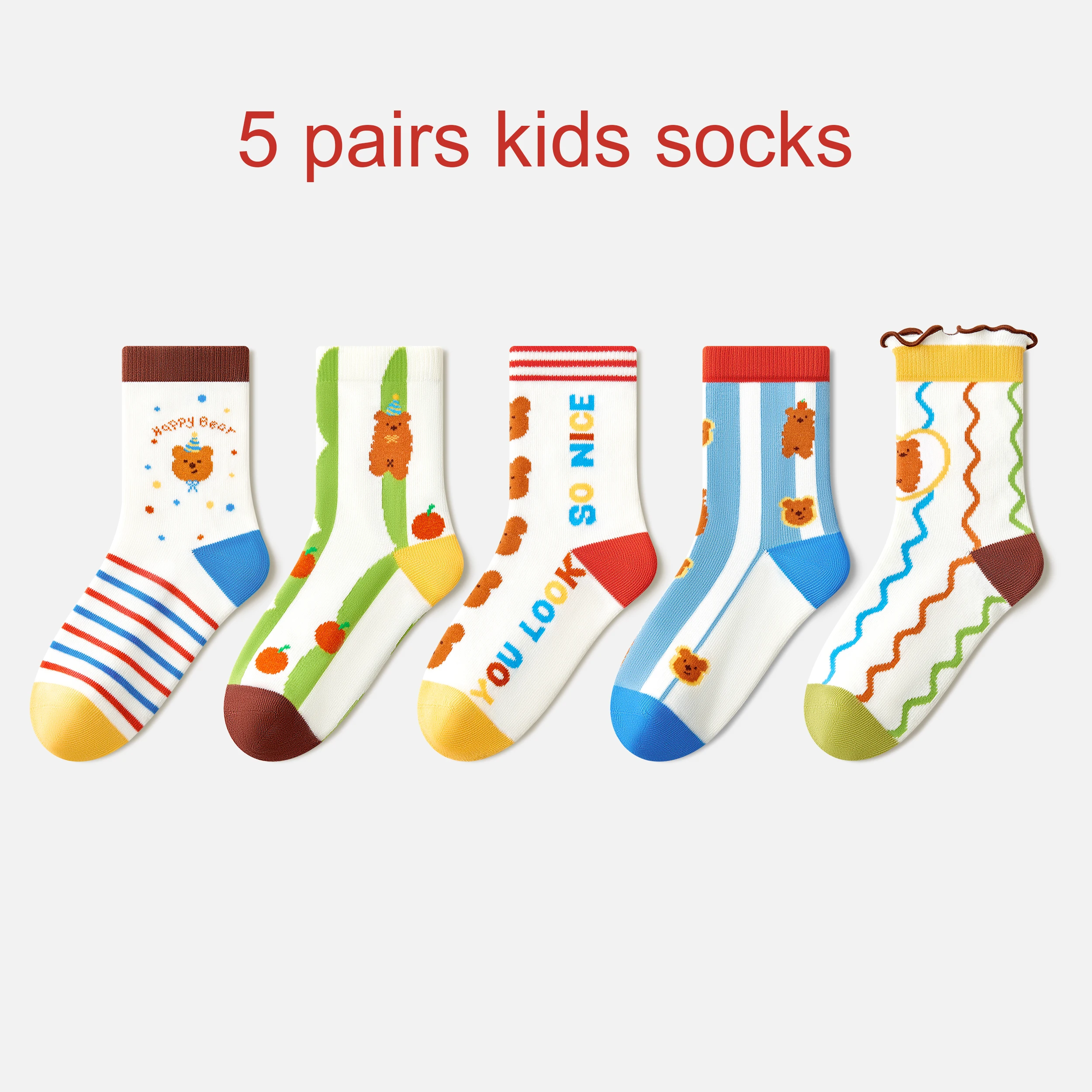 Beibi 5 Pairs Mid-Calf Socks for Kids 3+ Autumn Winter Warm Creative Fun Party Bear Pattern Striped Lace Edged Colorful Socks