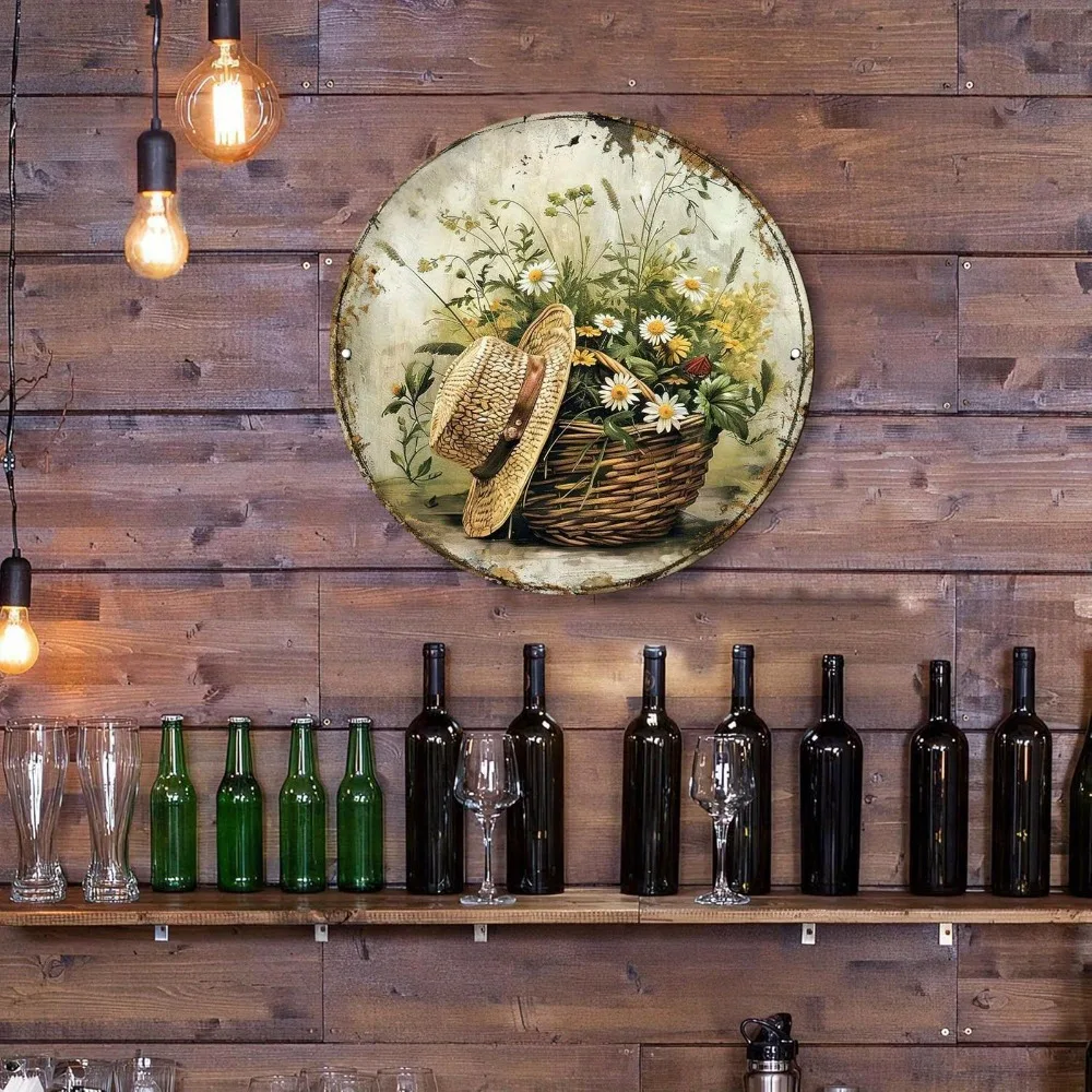 1pc 20x20cm Round Aluminum Metal Tin Sign Vintage Straw Hat Floral Basket Decorative Wall Art for Home Living Room Cafe Office