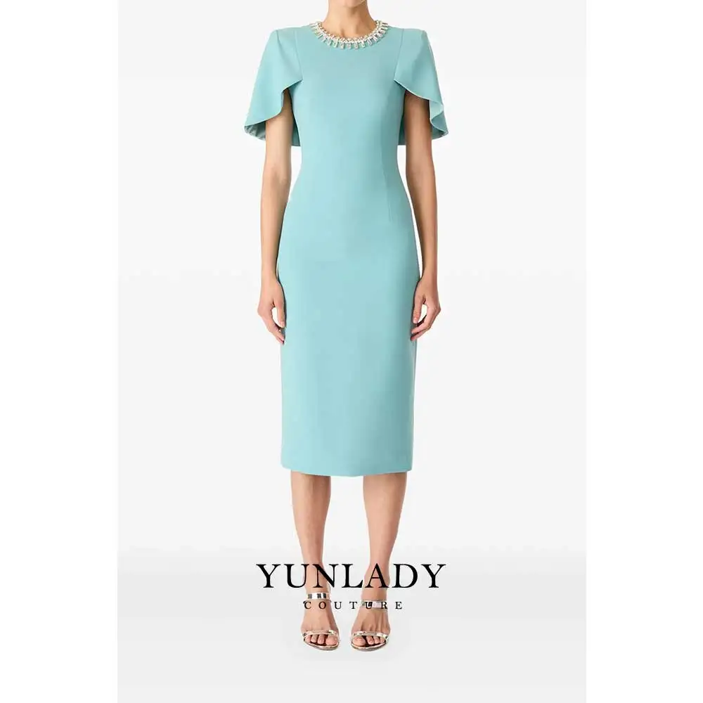 YUNLAN Crystal Embellished Midi Dress Ramadan Festival Evening Dress 2025 Women Wedding Party Guest Teal Smock Sleeve Gown