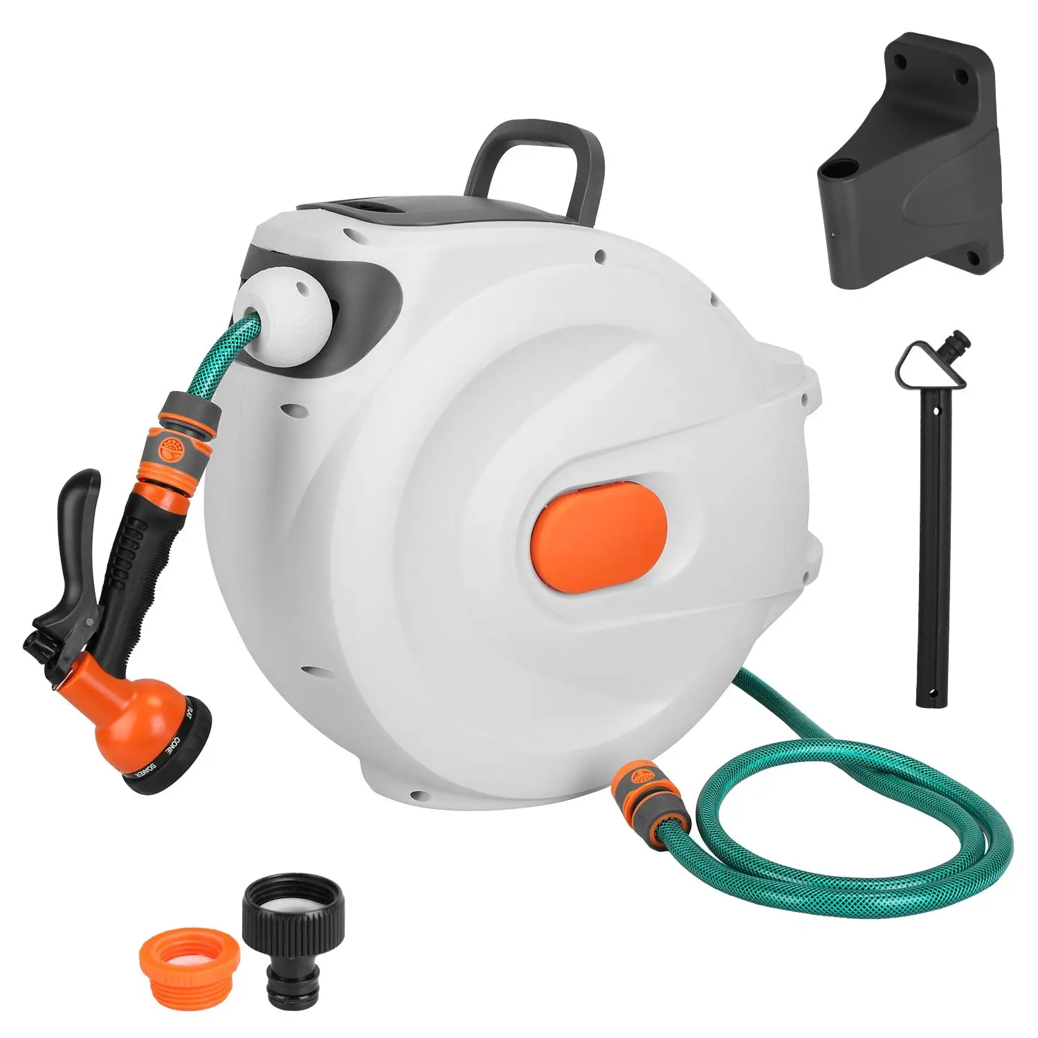 Retractable Garden Hose Reel Wall Mounted Automatic Water Hose Reel with Any Length Lock 8 Pattern Spraying Modes 180° Swivel Br