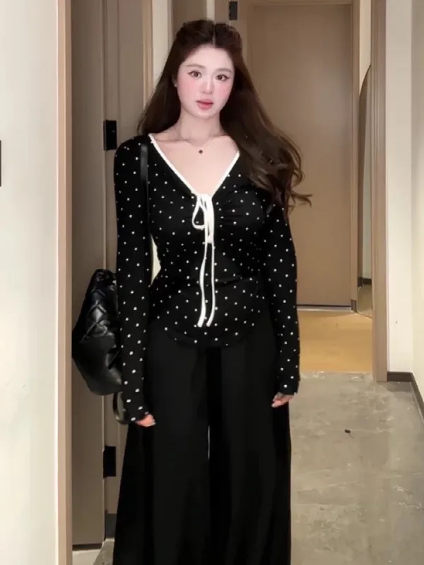 

plus Size Women's Long Sleeve T-Shirt V-Neck Belted Slimming Beautiful Early Autumn New Style Street Fashion Commute Style