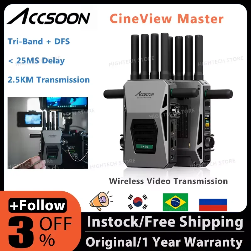 

Accsoon CineView Master 4K 6G/5G/2.4GHz Video wireless Transmission For HDMI SDI 25MS class latency 8200FT Range Full-color LCD