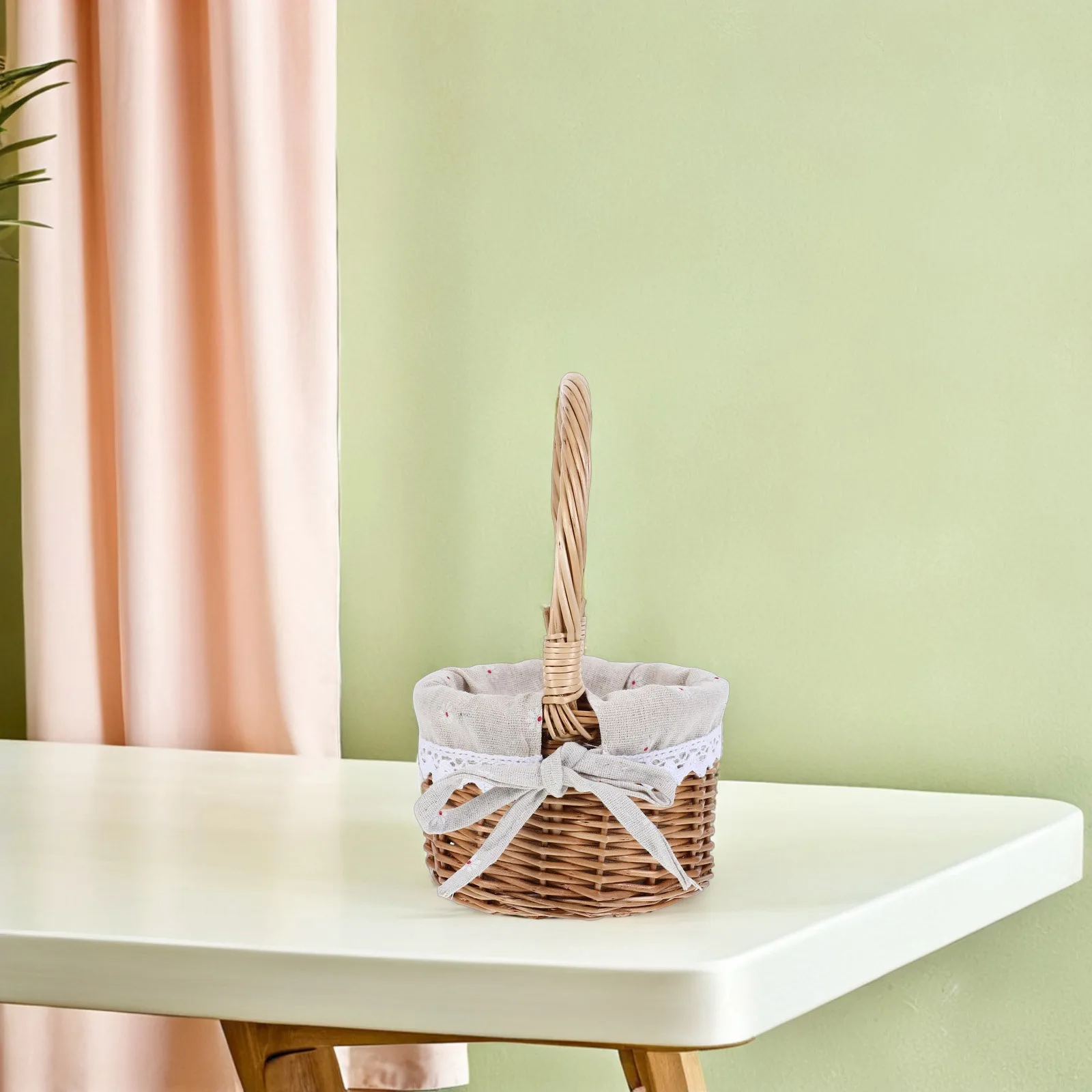 

Small Round Handwoven Willow Basket Wedding Flower Girl Basket Portable Present Holder for Baby Shower Party Supplies