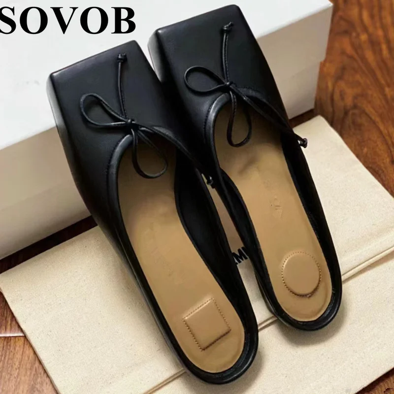 

New Summer Bow Decoration Kitten Heel Slippers Women's Solid Color Square Toe Sweet Wind Shallow Mouth Slippers Lazy Mules 2024