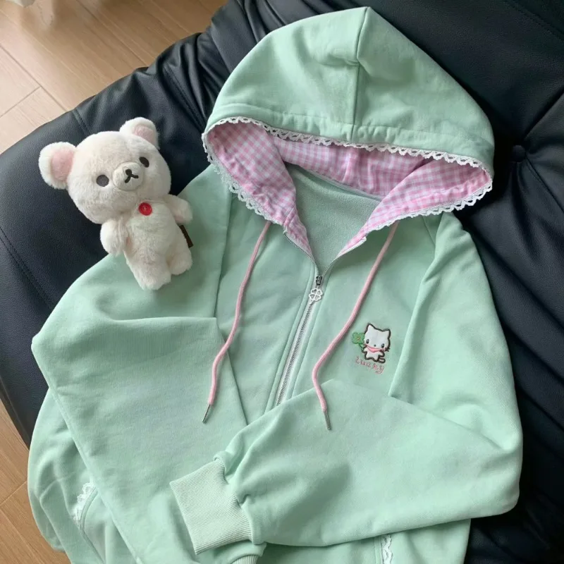 Harajuku Korean  Kawaii Hooded Coat Japanese Women Thin Long Sleeve Zipper Cardigan Y2K Streetwear New Loose Solid Jackets 2025