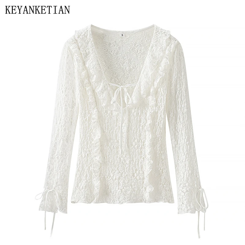 

KEYANKETIAN 2025 Spring/Autumn New Women's Flare sleeve Lace Top French Style Bow Lace Up Tiered V-Neck Slim Pullover Blouses