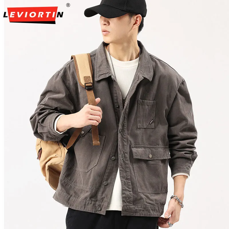 

Men's autumn and winter new fashion versatile loose casual washed grey lapel top American retro trendy brand workwear jacket